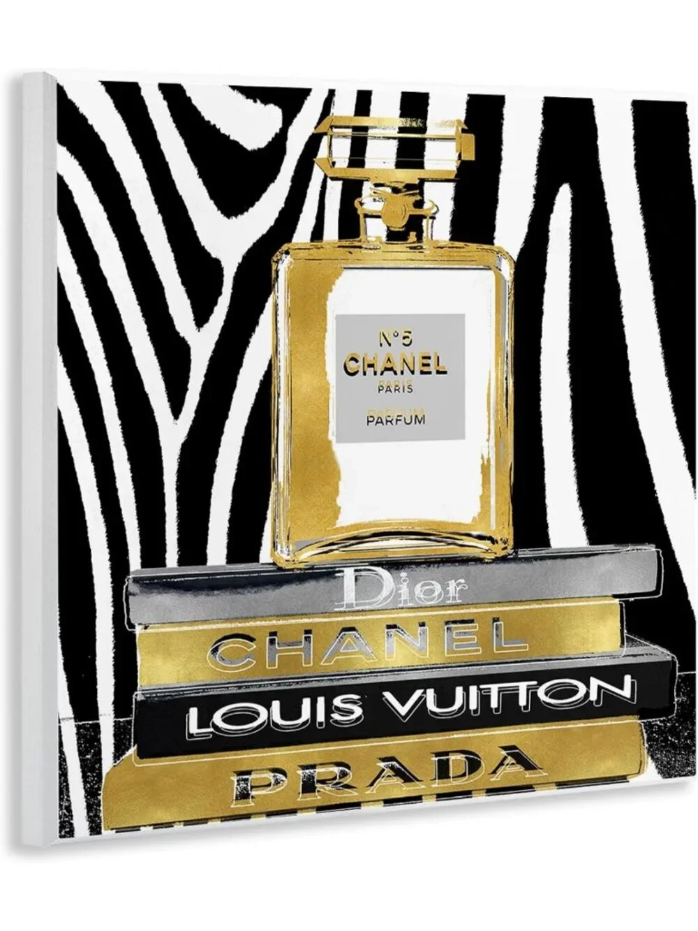 Glam Fragrance Fashion Book Stack Wall Art - Black Zebra Print Decor, 12x12